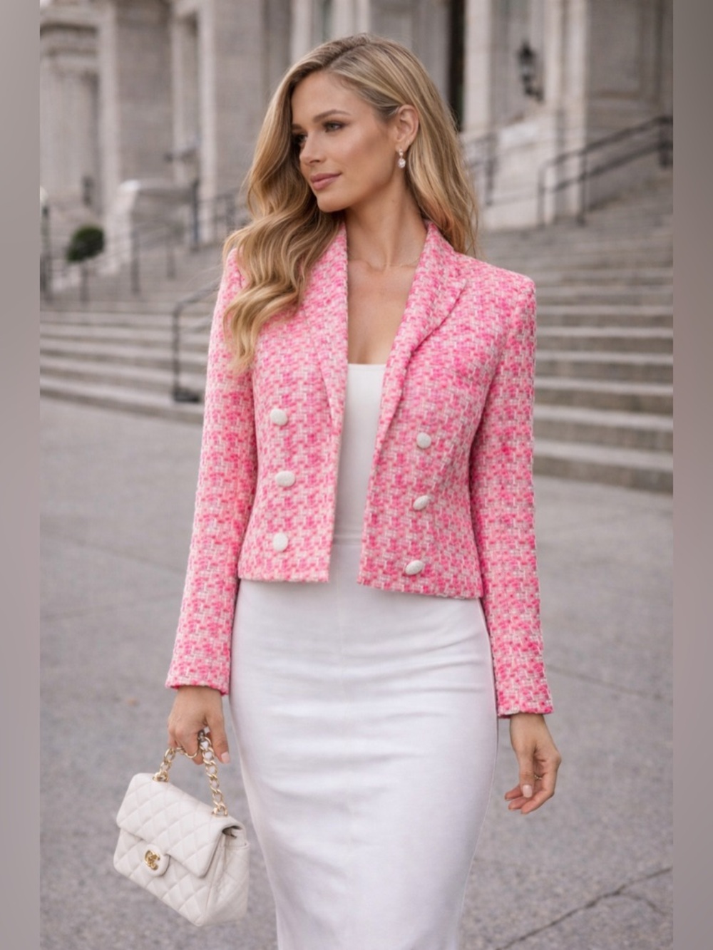 L’Agence Pink Tweed Blazer Double Breasted Cropped Jacket Designer
